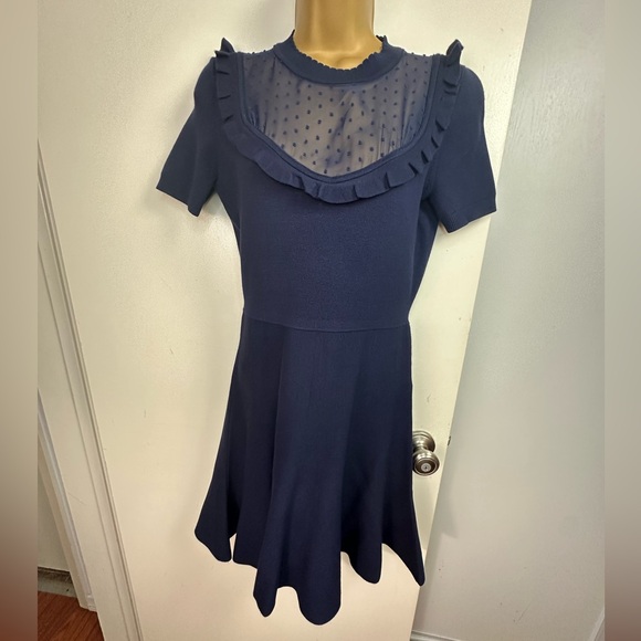 Draper James Ruffle Sheer Yoke Viscose A Line Sweater Dress Nassau Blue NWOT XS - Picture 8 of 16